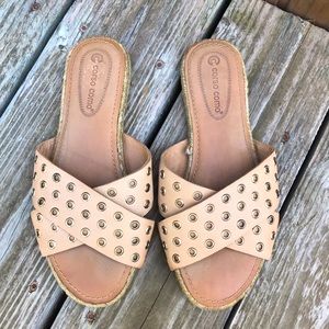 Corso Como Porter Eyelet Nude Leather Slides Sandals Studded Espadrille Slip On